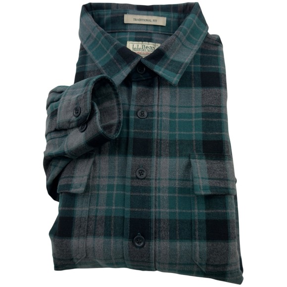 LL Bean Chamois Cloth Plaid Button Up Shirt Green Black Gray Cotton Mens XL Tall - Picture 1 of 5